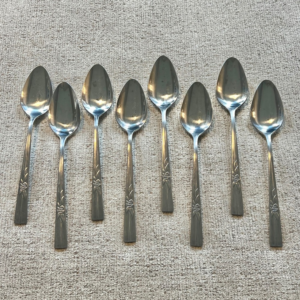 Epic Custom Stainless Rose Floral Teaspoons Set of 8 Vintage Flatware